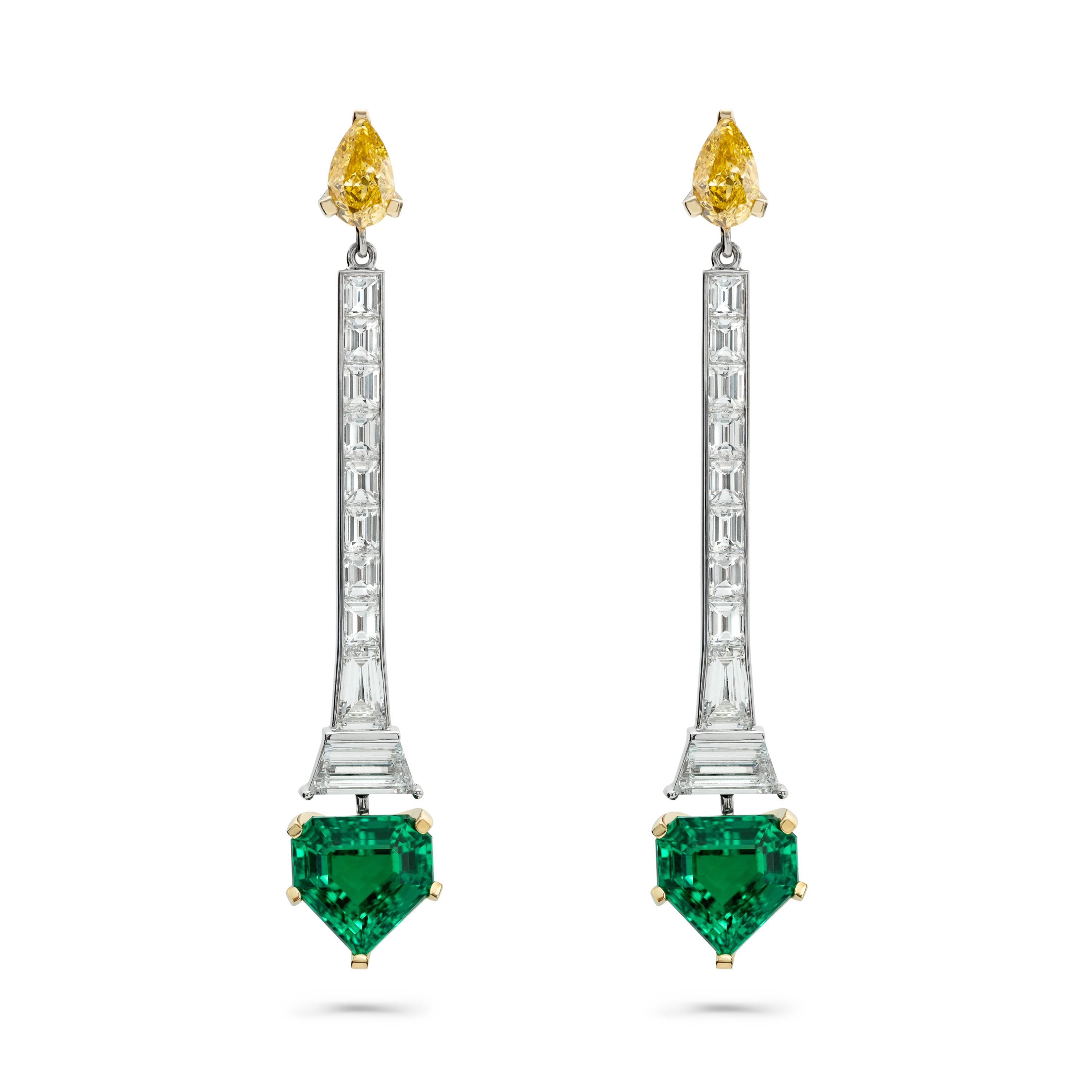 Emerald and Yellow Diamond Drop Earrings
